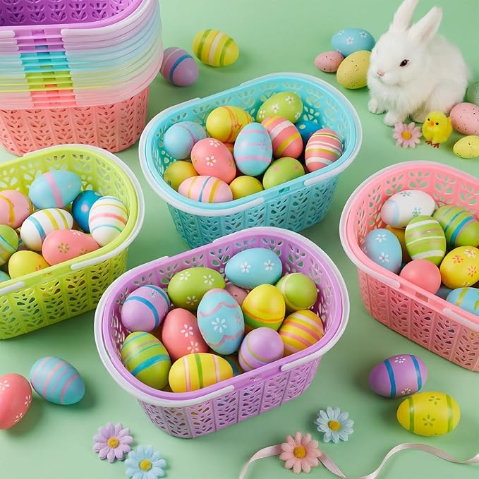 Havawish Easter Baskets Bulk with Handle Small Colorful Plastic Eggs Baskets Easter Bucket for Egg Hunt Spring Party Favors(50 Pcs,Rectangular)