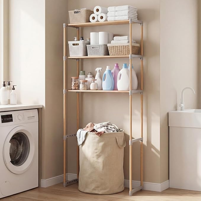 COSTWAY 3-Tier Over The Toilet Rack, Solid Wood Vertical Organizer with Slatted Shelves, Freestanding Space-Saving Toilet Storage Rack for Bathroom, Laundry Room