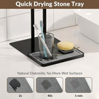 NADAMOO Towel Holder Stand with Stone Drying Tray, Adjustable Height 13.8"-24" Extra Tall for Countertop, Wide Stable Base, Rustproof Black Metal, Double Bar Hand Towel Rack for Bathroom & Kitchen