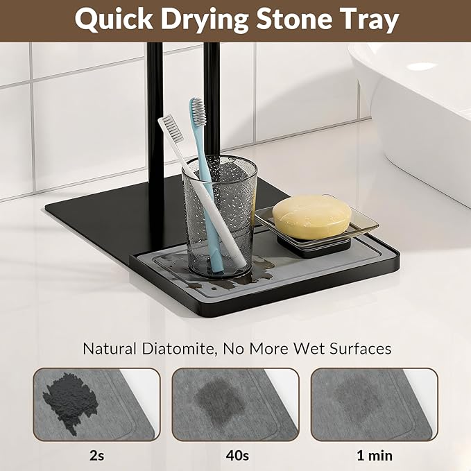 NADAMOO Towel Holder Stand with Stone Drying Tray, Adjustable Height 13.8"-24" Extra Tall for Countertop, Wide Stable Base, Rustproof Black Metal, Double Bar Hand Towel Rack for Bathroom & Kitchen