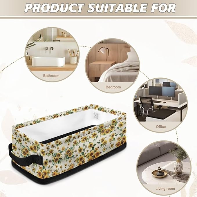 Multi-purpose Storage Basket Small Storage Bins Collapsible Rectangular Toilet Paper Basket Organizer for Bathroom Bedroom Kitchen Office Organization, Sunflower Bee
