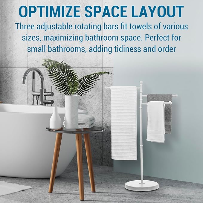 MyGift 40 Inch Bathroom Towel Rack Holder, Free Standing Bath Towel Rack with 3 Swivel Bars, Spa Pool Hot Tub Valet Accessories Stand for Drying Towels, Matte White Metal