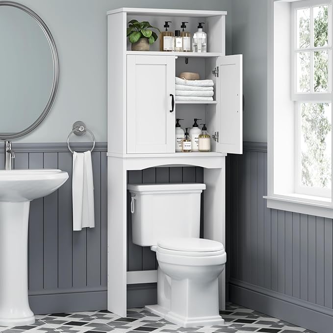 Over The Toilet Storage Cabinet, Over The Toilet Cabinet Bathroom with Adjustable Shelf and Double Door, Over The Toilet Storage for Bathroom Over The Toilet Organizer, White