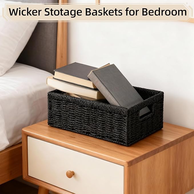 Paper Rope Storage Basket for Organizing, 2 Pack Foldable Wicker Storage Baskets with Handle,Decorative Large Storage Bins for Bathroom Countertop,Small Toilet Paper Basket for Toilet Tank Top