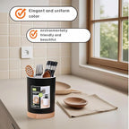 BUBBLE-FLY Modern Kitchen Utensil Holder with Drainage, Black and Wood Base, 3 Compartment Divided Organizer for Spoons Forks Knives, Countertop Caddy for Cooking Tools and Cutlery Storage- Non-Slip