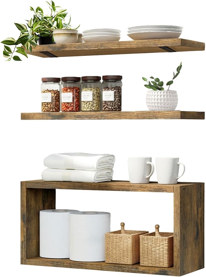 Wall Mounted Floating Shelf, c Long for Bedroom Living Room Kitchen Staircase Bathroom Above Toilet Wall Decoration Book Storage Room Recoration (3piece Set) Brown