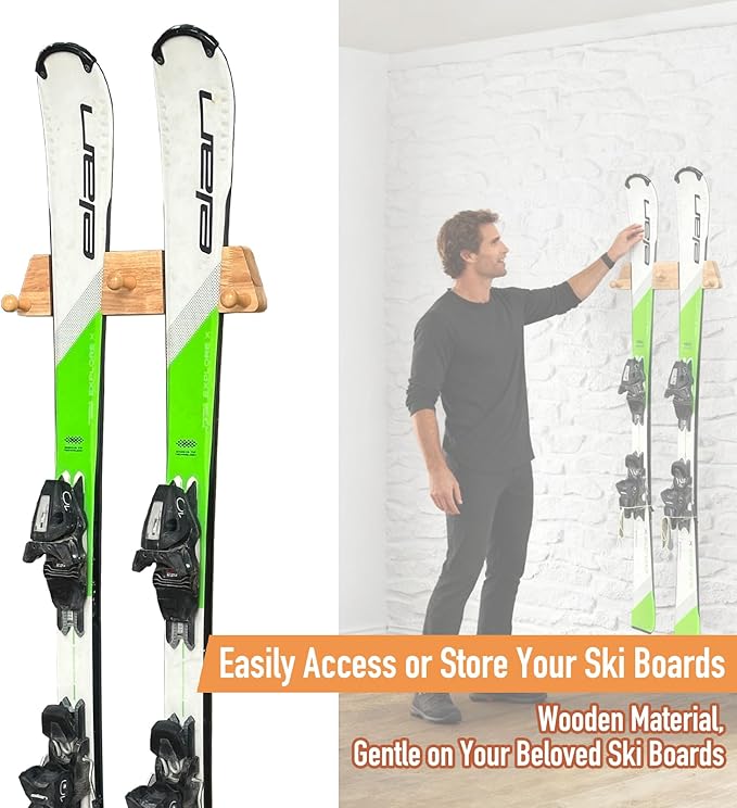 Tuiiopoli Ski Rack with 3 Wood Hook - Minimalist Oakwood Style Snowboard Wall Mount Storage Damage-Free Modern Floating Display Hanger for Home Garage Longboard Holder Vertical