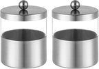 Gaussra Apothecary Jars, Qtip Holder - Brushed Stainless Steel Bathroom Jar with Stickers - Farmhouse Decor Qtip Dispenser for Qtips, Cotton Balls, Swabs, Makeup Sponges (2 Pack, Brushed Nickel)