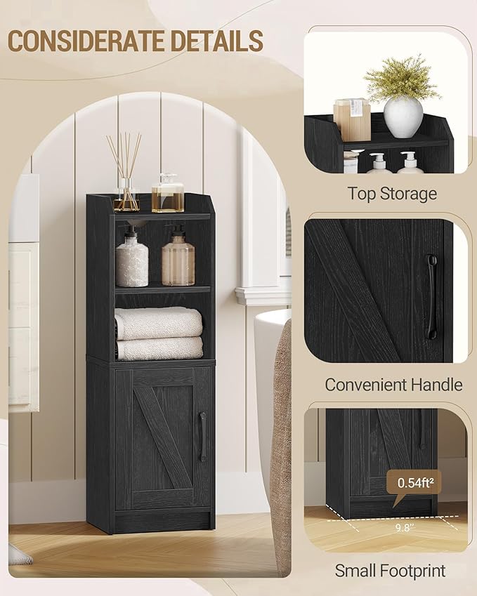Bathroom Storage Cabinet, Small Farmhouse Corner Floor Cabinet with Door and Shelves, Narrow Toilet Paper Holder Stand, Bathroom Organizer with Adjustable Shelf, for Small Spaces, Black