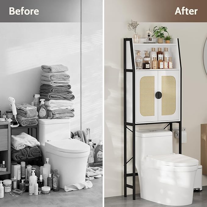 Over The Toilet Storage Cabinet with Rattan Doors, Bathroom Organizer with Adjustable Shelf, Metal Frame & Anti-Tip Device, Space-Saving Wood Cabinet for Bathrooms, Laundry Room, White