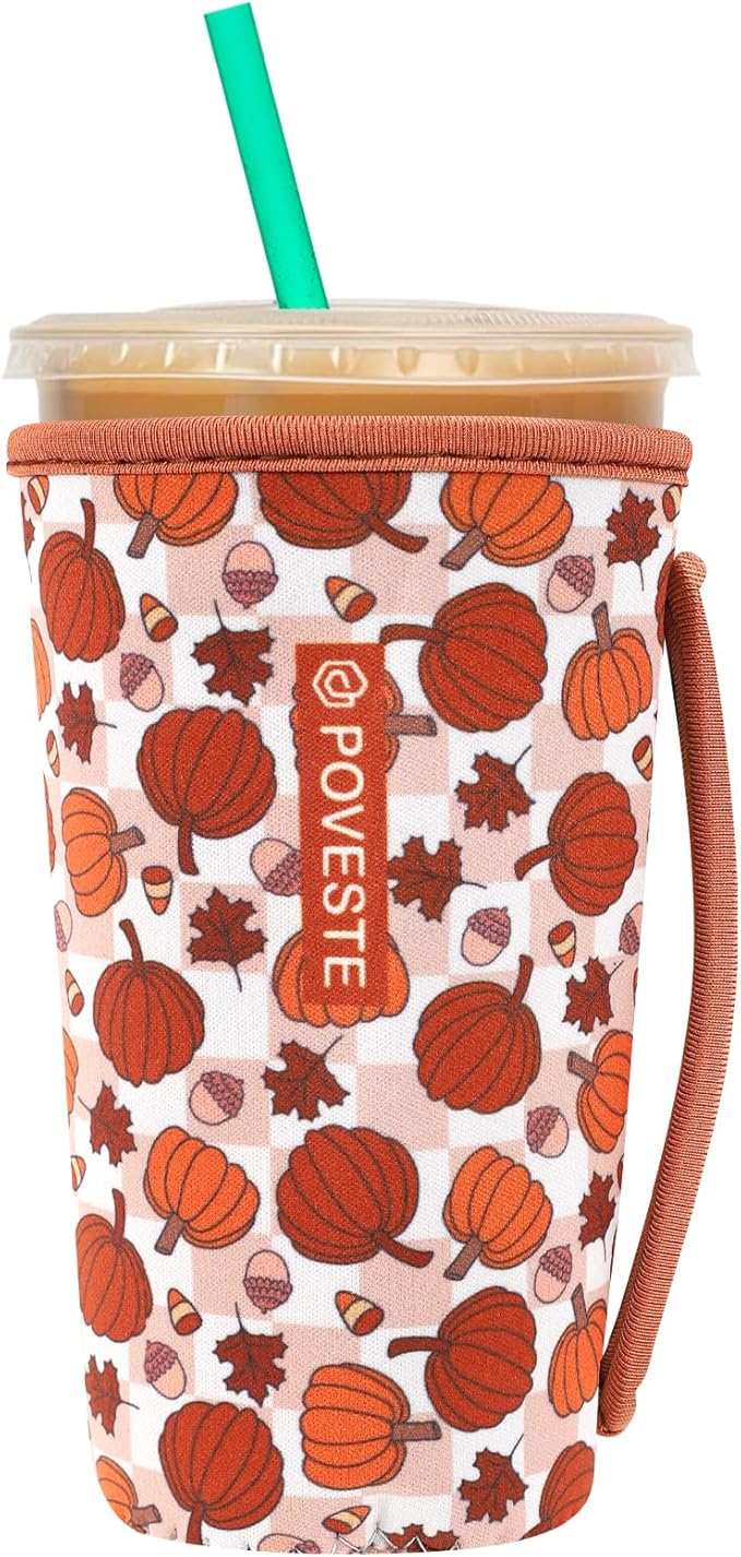 Reusable Neoprene Insulator Sleeve for Iced Coffee & Cold Soda, Coffee Sleeves for Iced & Hot Drinks, Cold Beverage Cooler Compatible with Starbucks, Dunkin (Checkerboard Pumpkin, Large: 32oz)