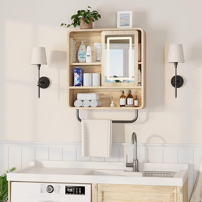 QUW Modern Bathroom Wall Cabinet, Medicine Cabinets with Mirror, Over The Toilet Storage Cabinet for Bathroom, Towel Bar, Sliding Door, 3 Lighting Modes, Adjustable Brightness, Natural Oak
