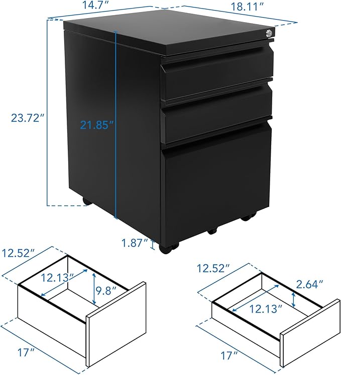 Mount-It! 3 Drawer File Cabinet with Lock and Wheels, Heavy-Duty Steel Rolling Drawer Cabinet, Fully Assembled Under Desk Filing Cabinet for Home Office Storage, 15.3" W x 19.75" D x 24.5" H, Black