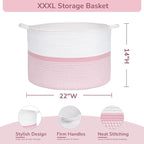 CHICVITA Extra Large Cotton Rope Woven Basket, XXL Throw Blanket Storage Basket with Handles, Pink Decorative Clothes Hamper Laundry Hamper - 22" x 22" x 14"