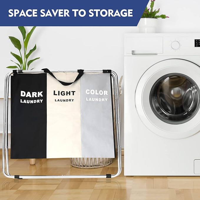 180L Laundry Basket Sorter, Large 3 Section Collapsible Laundry Hamper for Laundry Room Organization, 28" x 21"x 15" Dirty clothes Hamper Bag for Bedroom Blanket Storage Organizer (3 Section Black)