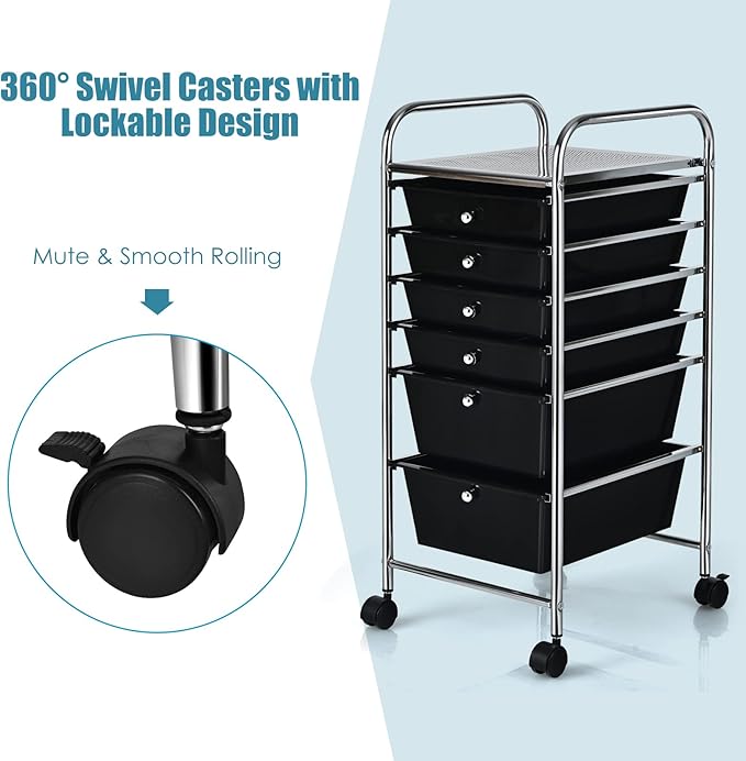 GOFLAME 6-Drawer Rolling Storage Cart, Multifunctional Art Craft Organizer, Mobile Utility Storage with Removable Drawers & Lockable Wheels, Craft Cart for Home Office, School, Black