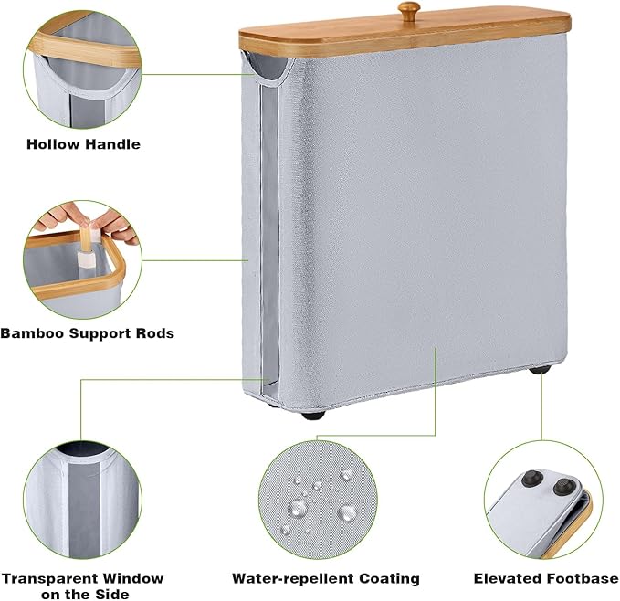 Toilet Paper Storage Basket with Bamboo Lid, Large Storage for Up to 9 Mega Rolls or 12 Regular Rolls, Toilet Paper Organizer for Bathroom (Grey)