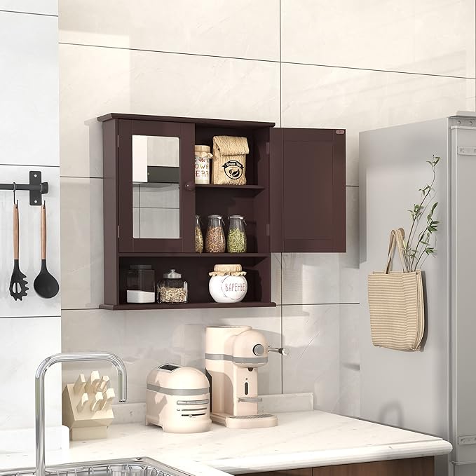 TaoHFE Brown Medicine Cabinet with Mirror - 2 Doors, 3 Open Shelves, Wall Mounted Wooden Storage Cabinet for Bathroom, Laundry Room, Kitchen