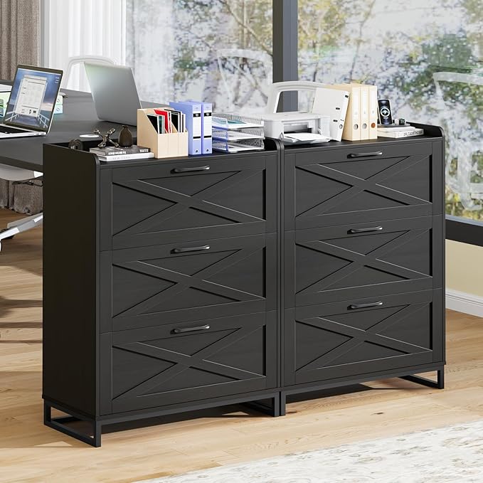File Cabinet 3 Drawers Lateral File Cabinet with Charging Station for Letter/Legal/A4 Size Hanging Files, Large Wood File Storage Cabinets Printer Stand for Home Office, Black