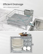 SONGMICS Dish Drying Rack, Kitchen Dish Rack, with Drainboard, 360° Rotatable and Extendable Spout, with Cutlery Holder, 12.2 x 16.5 x 7.3 Inches, Dove Gray UKCS550G01