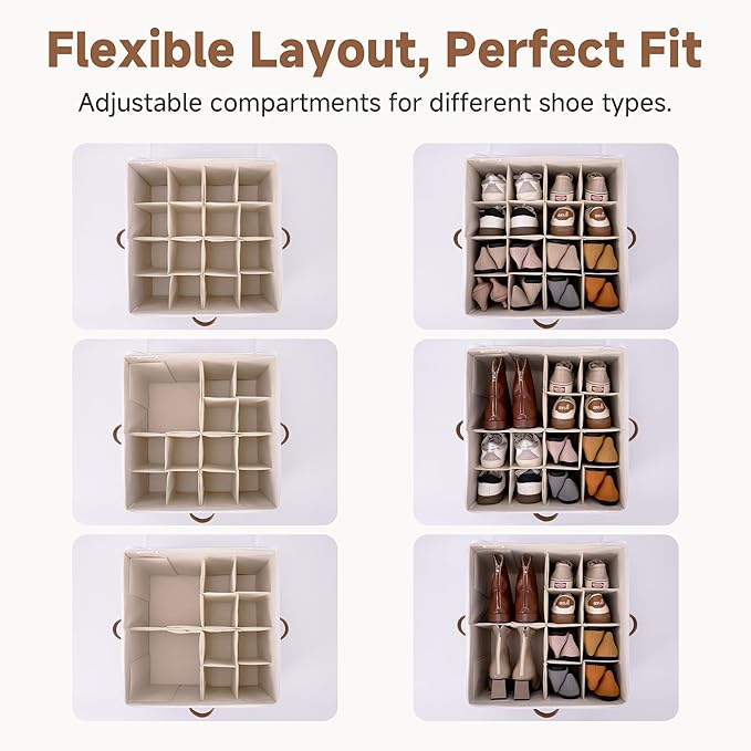 StorageWorks 2 Pack Shoe Organizer for Closet, Foldable Shoe Storage Box with Adjustable Dividers, Shoe Boxes Organizer for Entryway, Closet Shoes Organizer for Sandals, Sneakers, Fits 32 Pairs, Taupe