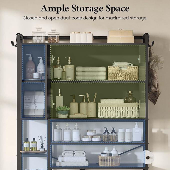 7-Tier Over the Toilet Storage Cabinet with 2 Large Drawers & 6 Hooks, Over the Toilet Storage with Toilet Paper Holder, Bathroom Over Toilet Storage for Bathroom, Laundry Room, Black