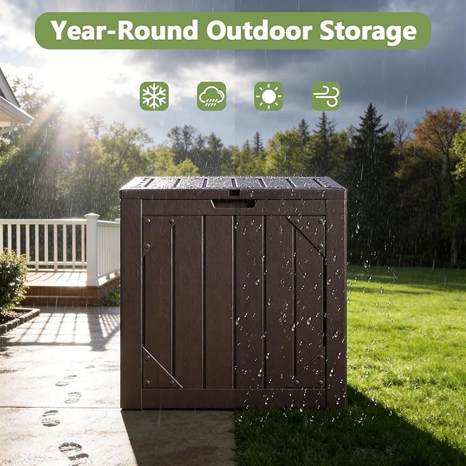 Outdoor Storage Box - 31 Gallon Waterproof Resin Deck Box, Lockable Patio Storage Bench for Package Delivery, Cushions & Garden Tools, UV Resistant (Brown, 31 Gal)