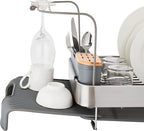 KitchenAid Compact to Full Size Expandable, Rust Resistant Satin Coated Dish Rack with Angled Self Draining Drain Board and Removable Flatware Caddy, 24-Inch, Charcoal