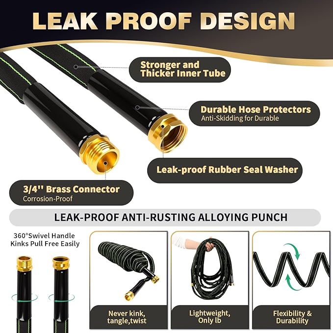 Garden Hose 50 ft Water Hose Flexible Heavy Duty Outdoor Lightweight No Kink Long Non-Expandable High Pressure Flat Hoses Pipe 100’ Strong 3/4’’ Brass Fitting for Outside Yard Lawn Car Wash