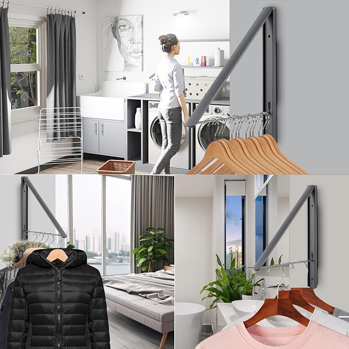Retractable Clothes Drying Rack Wall Mounted, Foldable Space-Saving Hanger for Laundry Room/Bathroom/RV - Stainless Steel/Aluminum (Grey)