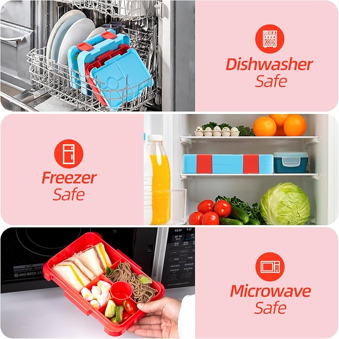 Bento Lunch Box for Kids, 6 Compartments BPA Free, Dishwasher Safe Back to School Snack Bento Lunch Containers Boxes, Ideal Portion Sizes for On-the-Go Meal, Ages 3+, Light Blue Patterned