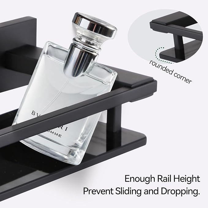 LANC Black Bathroom Shelves Glass Shelf 20-Inch Floating Tempered Glass Shelf Rectangular Modern Stainless Steel Wall Mounted Shelves for Shower Bathroom Kitchen Organizers Accessories ，A7613AB