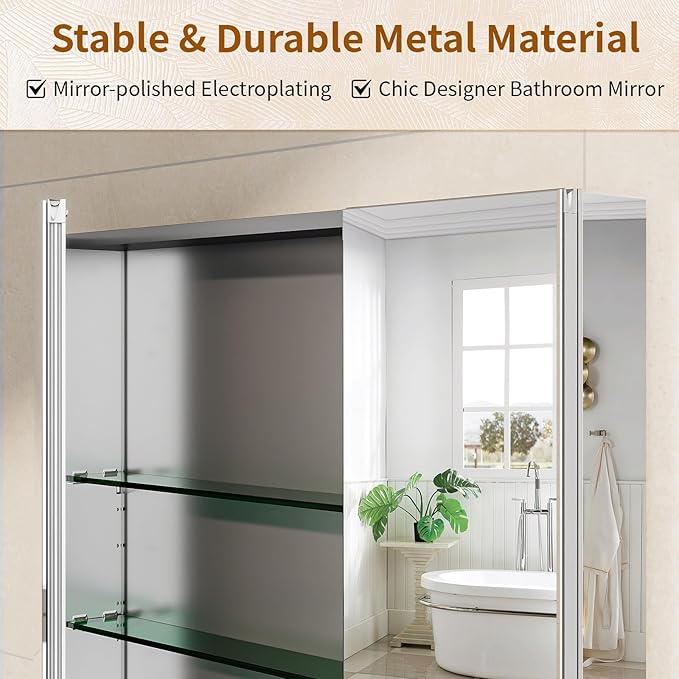 BEAUTYPEAK Bathroom Medicine Cabinet Mirror with Storage, 36 Inch x 26 Inch Silver Medicine Cabinet with Double Door & Adjustable Shelves for Vanity, Tempered, Aluminum Surface, Wall-mount or Recessed