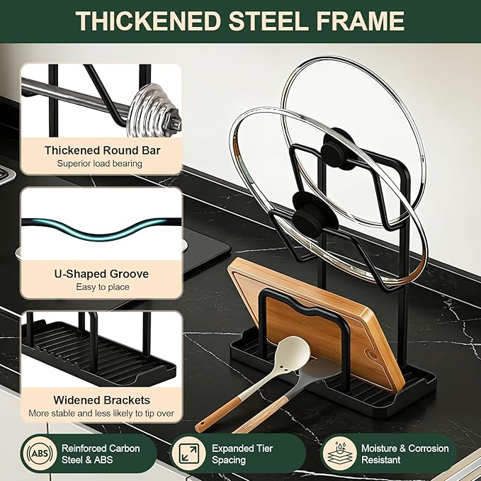 Kitchen Pot Lid Storage Rack: Carbon Steel 2 Pot Lid Organizer While Cooking, Multifunctional Kitchen Pot Lid Holder with Tray, Space-Saving Countertop Organizer Storage for Cutting Boards (Black)