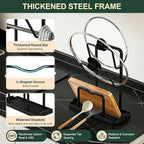 Kitchen Pot Lid Storage Rack: Carbon Steel 2 Pot Lid Organizer While Cooking, Multifunctional Kitchen Pot Lid Holder with Tray, Space-Saving Countertop Organizer Storage for Cutting Boards (Black)