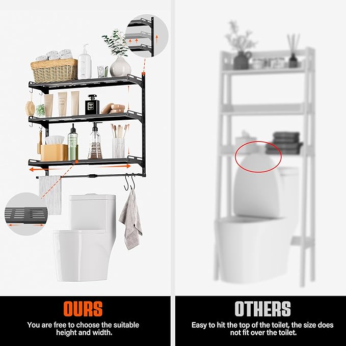 Over The Toilet Storage, 23.8" Lx8.46 Wx23.8 H, 3-Tier Adjustable Metal Bathroom Organizer Expandable Over Toilet Storage, Floating Heavy Duty Bathroom Storage, Space Saver w/Hanging Rod-Black