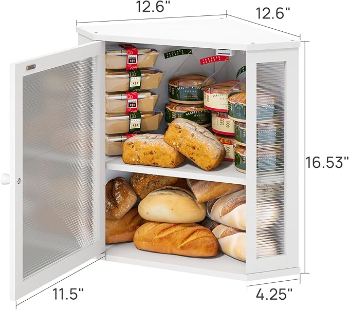 Corner Bread Box for Kitchen Counter, Bamboo Wood Large Capacity Bread Storage Bin with Acrylic Wavy Door Panel (White, Extra Large)