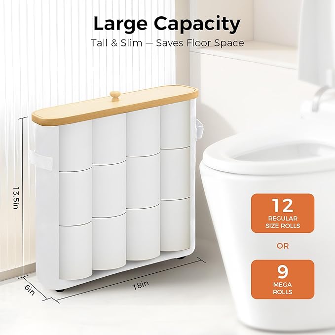 MinBoo Toilet Paper Basket, Storage with Lid, Toilet Paper Organizer for Bathroom, Free Standing Toilet Paper Holder with Storage,White