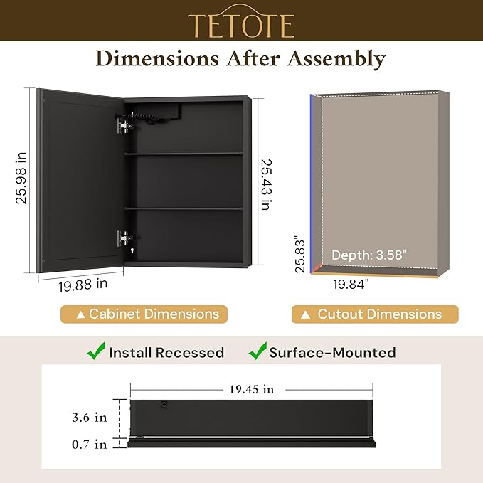 TETOTE 20 x 26 Lighted Bathroom Medicine Cabinet with Adjustable Shelves, Black Aluminum Cabinet, Anti-Fog Stepless Dimmable 3 Colors White/Warm/Natural, Easy to Install(Wall Mount/Recessed)