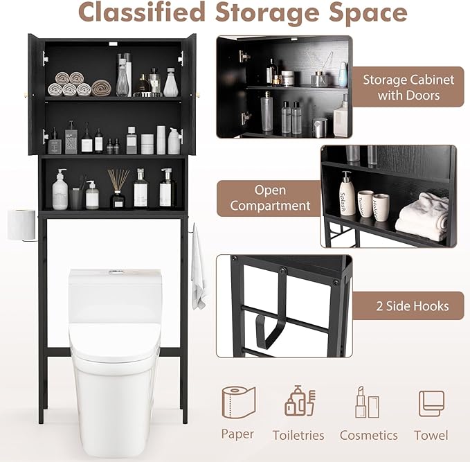 Tangkula Over The Toilet Storage Cabinet, Bathroom Space Saver Organizer with 2 Doors, Metal Stand, 2 Side Hooks, Freestanding Above Toilet Storage Cabinet for Restroom Laundry (Black)