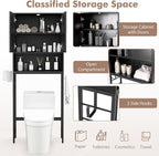 Tangkula Over The Toilet Storage Cabinet, Bathroom Space Saver Organizer with 2 Doors, Metal Stand, 2 Side Hooks, Freestanding Above Toilet Storage Cabinet for Restroom Laundry (Black)