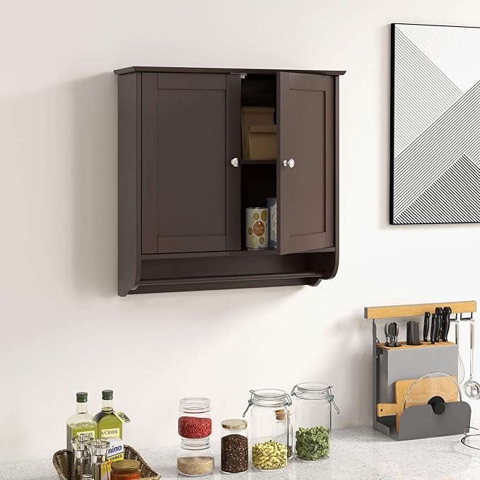 Giantex Bathroom Cabinet Wall Mounted - Over The Toilet Medicine Cabinet with Double Doors, Adjustable Shelf and Towels Bar, Above Toilet Storage Cabinet for Bedroom Kitchen Wall Cabinet (Coffee)