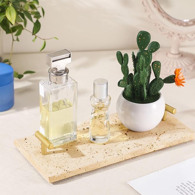 LemonRoad Guest Towel Holder Tray for Bathroom Travertine Napkin Tray 10.6 x 4.5 Inches Bathroom Hand Towel Holder, Stone Tissue Box Organizer with Handles, Decorative Display for Vanity Kitchen