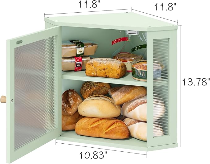Corner Bread Box for Kitchen Countertop, Bamboo Wood Large Capacity Bread Storage Bin with Acrylic Wavy Door Panel, Green