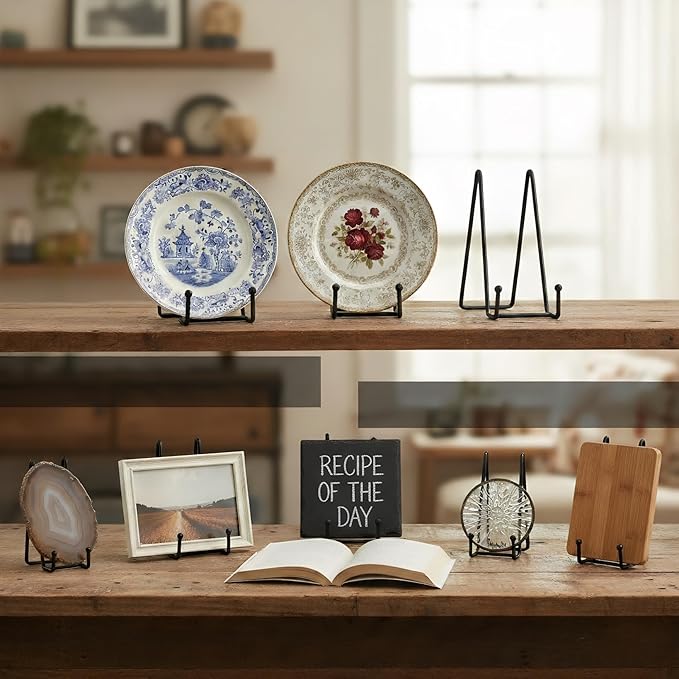 Plate Stands Holder - 3 Pack, Picture Frame Display for Bookcase, Photo on Table Top (Black, 4.5")