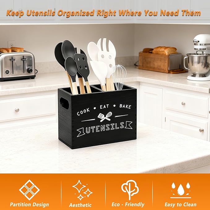 Small and Durable Wood Kitchen Utensil Holder with Removable Divider for Party and Countertop （black 2 Compartment）