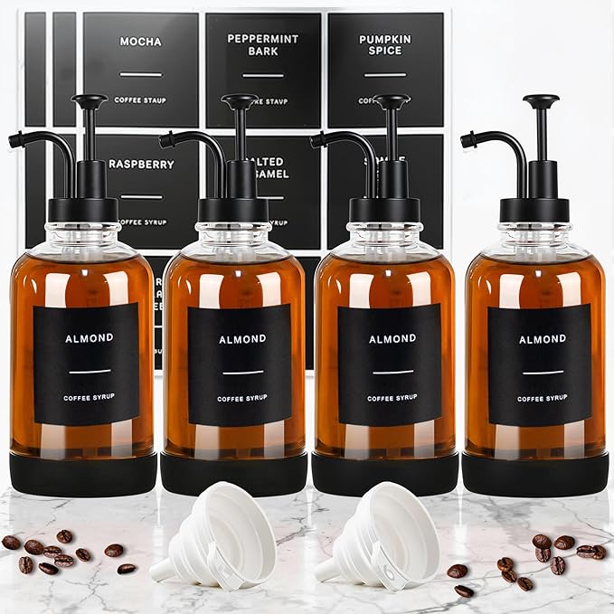 Coffee Syrup Dispenser for Coffee Bar, Set of 4 Non-Slip Glass Syrup Dispenser w. Labels and Silicone Sheath, 16.9 oz 500ml Syrup Pump Dispenser, Coffee Bar Accessories Simple Syrup Bottle w. Pump