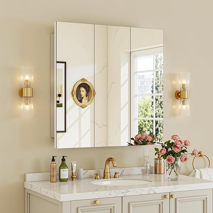 Antok 24x24 Inch Medicine Cabinet with Mirror, Wall Mounted Bathroom Mirror Cabinet, Wooden Medicine Cabinet Mirror, Recessed or Surface, White