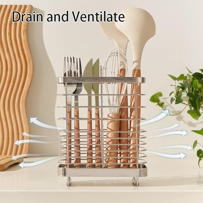 Kitchen Utensil Drying Rack, 18/8 Stainless Steel Chopsticks Spoon Fork Knife Basket Flatware Storage Drainer, Cutlery Holder for Kitchen Counter