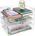 4 Pack Paper Organizer Letter Tray Clear Desk Organizer, Clear PET Desk Rrganizer for Magazines, Binders, Notebooks, Envelopes, Multi-Purpose Plastic Paper Tray Organizer